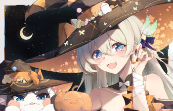 1girl 1other blush elphe firefly_(honkai:_star_rail) grey_hair halloween halloween_costume hat highres honkai:_star_rail honkai_(series) long_hair looking_at_viewer open_mouth pom-pom_(honkai:_star_rail) rabbit smile witch_hat