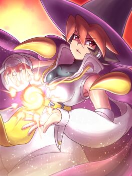 Rule 34 | 1girl, bare shoulders, belt, bodysuit, book, breasts, capcom, cape, cupping hands, detached sleeves, fire, hair between eyes, hat, highres, holding, holding book, jewelry, large breasts, looking at viewer, nobuyu (77yusei), own hands together, pendant, purple cape, purple eyes, pyrokinesis, rainbow, red hair, short hair, signature, solo, sparkle, tabasa, tree, warzard, white bodysuit, witch, witch hat, yellow belt