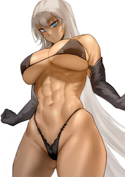 abs bikini black_bikini blue_eyes breasts cowboy_shot dark_skin elbow_gloves fate/grand_order fate_(series) from_below gloves grey_hair highleg highleg_bikini large_breasts muscular muscular_female navel oha_v swimsuit white_background zenobia_(fate)