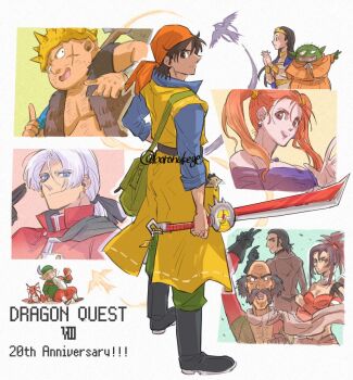 3girls 6+boys anniversary argon_lizard ascot axe bag balding bandana bare_shoulders black_boots black_capelet black_gloves black_hair black_ribbon blue_eyes blue_shirt boots boronukege breasts brown_eyes brown_robe capelet chagosu chest_hair cleavage closed_mouth coat collared_shirt colored_skin copyright_name cross_scar dragon_quest dragon_quest_viii earrings facial_hair facial_scar fur_vest gloves green_coat green_hat green_pants green_skin grey_hair hair_between_eyes hair_ribbon hair_slicked_back hat hat_feather hero_(dq8) holding holding_axe holding_sword holding_weapon jessica_albert jewelry kukuru_(dq8) low_ponytail marcello medea_(dq8) medium_breasts medium_hair morrie_mozzarella multiple_boys multiple_girls mustache off-shoulder_shirt off_shoulder open_mouth orange_bandana over_shoulder own_hands_clasped own_hands_together pants pointy_ears ponytail prince red_(dq8) red_coat red_hair red_pants red_shirt ribbon robe scar scar_on_cheek scar_on_face shirt short_hair shoulder_bag sitting smile spiked_helmet sword tiara trode twintails vest weapon weapon_over_shoulder white_ascot yangus yellow_vest