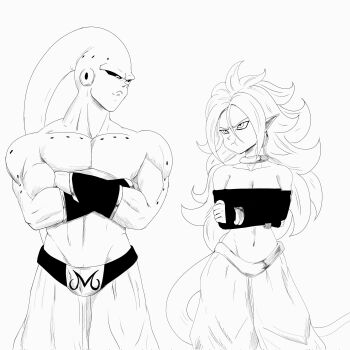 1boy 1girl android_21 antennae baggy_pants belt breasts choker cleavage dragon_ball dragonball_z earrings holes ivyrandomart jewelry long_hair looking_down majin_android_21 majin_buu midriff monochrome monster monster_girl muscular muscular_male pants pout super_buu tail tank_top topless_frame toplesss_male