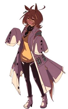 1girl absurdres agnes_tachyon_(tach-nology)_(umamusume) agnes_tachyon_(umamusume) ahoge animal_ears black_pantyhose boots breasts brown_hair chemical_structure closed_mouth coat cork earrings full_body gachitamago hair_between_eyes highres horse_ears horse_girl horse_tail jewelry lab_coat long_sleeves looking_at_viewer medium_hair necktie pantyhose red_eyes shirt short_necktie simple_background single_earring sleeves_past_fingers sleeves_past_wrists solo sweater sweater_vest tail test_tube umamusume white_boots wolf_cut yellow_sweater yellow_sweater_vest