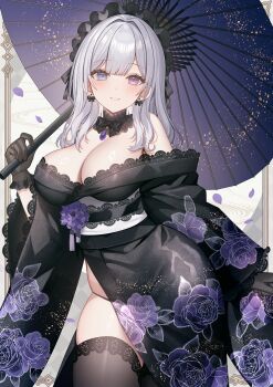 1girl bare_shoulders black_bow black_bowtie black_dress black_gloves black_thighhighs blue_eyes blush border bow bow_earrings bowtie breasts cleavage commentary_request commission dress earrings falling_petals floral_print gem gloves hair_intakes hand_up head_tilt heterochromia highres holding holding_umbrella japanese_clothes jewelry kimono lace lace-trimmed_dress lace-trimmed_sleeves lace-trimmed_thighhighs lace_trim large_breasts long_hair long_sleeves looking_at_viewer mocchiri290 obi off-shoulder_dress off_shoulder original parted_lips pelvic_curtain petals print_dress purple_eyes purple_gemstone purple_petals sash shirt side_slit sidelocks skeb_commission smile solo standing thighhighs thighs umbrella very_long_hair white_hair white_shirt