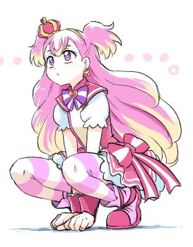 1girl arched_crown between_legs bow butterfly_wings commentary crown cure_wonderful dress dress_bow full_body hairband hand_between_legs highres insect_wings inukai_komugi long_hair parted_lips pink_bow pink_dress pink_eyes pink_hair pink_shoes pink_thighhighs precure puffy_short_sleeves puffy_sleeves purple_bow shoes short_sleeves solo squatting striped_clothes striped_thighhighs thighhighs two_side_up uraki very_long_hair white_background wings wonderful_precure! wrist_cuffs yellow_hairband
