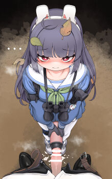 ... 1boy 1girl absurdres animal_ears bar_censor binoculars black_footwear black_gloves black_hair blouse blue_archive blue_shirt blue_skirt blunt_bangs blush bottle censored closed_mouth cum cum_in_container dove_pixie erection eyebrows eyebrows_hidden_by_hair fake_animal_ears full_body gloved_handjob gloves green_neckerchief handjob hetero highres holding_thermos long_hair long_sleeves looking_at_viewer miyu_(blue_archive) neckerchief pantyhose penis pov pov_crotch rabbit_ears red_eyes sailor_collar shirt shoes skirt sneakers solo_focus standing steam thermos white_footwear white_pantyhose white_sailor_collar