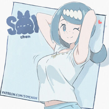 1girl arms_behind_head artist_name blue_eyes blue_hair breasts bright_pupils closed_mouth commentary eyelashes freckles heart lana's_mother_(pokemon) long_hair looking_at_viewer mature_female navel_peek nintendo no_sclera pokemon pokemon_(anime) pokemon_the_series:_sun_&amp;_moon shirt short_sleeves smile solo soy-chan split_mouth t-shirt upper_body watermark web_address white_pupils