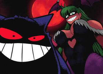 1girl animal_print bare_shoulders bat_(animal) bat_print bat_wings breasts chakkrx cleavage clothing_cutout crossover darkstalkers demon_girl from_below full_moon gen_1_pokemon gengar green_eyes green_hair grin head_wings heart_cutout highres large_breasts leotard long_hair looking_at_viewer moon morrigan_aensland night nintendo pantyhose pokemon pokemon_(creature) print_pantyhose purple_pantyhose purple_wings red_eyes red_moon sky smile teeth wings
