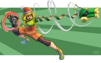 Rule 34 | 1girl, arms (game), beanie, blonde hair, blunt bangs, bob cut, colored extremities, dragon (arms), dynamic pose, extendable limbs, eye mask, green eyes, green shoes, hat, high tops, ini4illust, leggings, leggings under shorts, mask, meandros, min min (arms), open mouth, orange hat, orange shirt, orange shorts, outside border, ramram (arms), ringed eyes, shirt, shoes, short hair, shorts, sneakers, solo