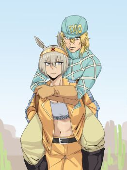 Rule 34 | animal ears, belt, black boots, blonde hair, blue bow, blue eyes, blue hat, blue shirt, boots, bow, checkered clothes, checkered shirt, diego brando, hat, headband, highres, horse ears, jacket, jojo no kimyou na bouken, maven (madeinheaven 23), navel, orange jacket, orange pants, pants, red star, shirt, silver bullet (jojo), smile, star (symbol), steel ball run, teeth, yellow pants