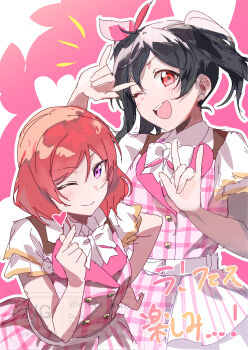Rule 34 | 2girls, \m/, absurdres, belt, black hair, blush, bow, closed mouth, collared shirt, commentary request, double \m/, dress, finger heart, hair bow, heart, highres, idol, idol clothes, inazuma (elect line), long hair, looking at viewer, love live!, love live! school idol project, medium hair, multiple girls, nico nico nii, nishikino maki, one eye closed, open mouth, outline, pink background, pink skirt, purple eyes, red eyes, red hair, shirt, short hair, short sleeves, short twintails, skirt, smile, teeth, twintails, upper teeth only, watermark, white belt, white outline, white shirt, white skirt, white sleeves, yazawa nico, yuri