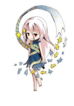 1girl barefoot blue_dress chibi chibi_only commentary_request crescent dairi dress full_body hair_between_eyes hand_on_own_hip large_variant_set long_hair long_hair_between_eyes red_eyes ribbon_around_body simple_background sleeveless sleeveless_dress snake solo star_(symbol) tachi-e torn_clothes torn_dress touhou transparent_background triangle variant_set yuiman_asama