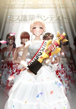 1girl blush breasts brown_hair chiarashi_mahina clapping commentary_request confetti cover crowd dress faceless ghost green_eyes half-closed_eyes hands_up holding large_breasts nagashii_kouhei open_mouth people ringlets sash scary_campus_college_university shoulder_sash smile stage stage_lights standing sweat tiara trophy white_dress