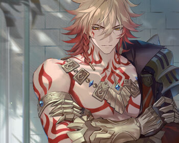1boy abs arm_tattoo armlet armor black_coat blonde_hair braid chest_tattoo clawed_gauntlets coat commentary crossed_arms darkavey earrings english_commentary facial_tattoo gold_earrings gold_necklace gradient_hair honkai:_star_rail honkai_(series) jewelry looking_at_viewer male_focus medium_hair multicolored_hair mydei_(honkai:_star_rail) necklace open_clothes open_coat pauldrons red_hair red_tattoo shoulder_armor side_braid single_pauldron solo tattoo toned toned_male yellow_eyes