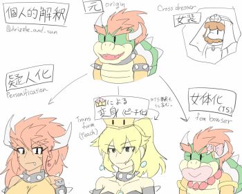2boys 2girls bow bowser bowsette chart crossdressing dark_skin dress drizzle_and_sun english_text fang fang_out genderswap genderswap_(mtf) horns lipstick makeup mario mario_(series) mixed-language_text multiple_boys multiple_girls new_super_mario_bros._u_deluxe nintendo personification ponytail red_hair simple_background super_mario_odyssey text_focus wedding_dress white_background