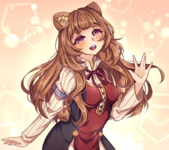 Rule 34 | 1girl, :d, \||/, abstract background, animal ears, black dress, blunt bangs, blush, breasts, brown hair, collared dress, commentary, dress, english commentary, glint, groin, hexagon, high collar, highres, large breasts, layered dress, light particles, long hair, long sleeves, looking at viewer, melwina17, messy hair, metal arm cuffs, metal hair tubes, neck ribbon, open mouth, pink eyes, pinstripe dress, pinstripe pattern, raccoon ears, raccoon girl, raphtalia, red dress, red ribbon, ribbon, short dress, sleeveless, sleeveless dress, smile, solo, sparkle, tate no yuusha no nariagari, teeth, tongue, two-tone dress, upper teeth only, white dress