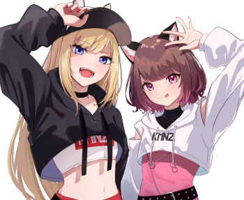 Rule 34 | 2girls, :d, :q, adjusting clothes, adjusting headwear, animal ear fluff, animal ears, arm up, baseball cap, black choker, black hoodie, blonde hair, blue eyes, brown hair, cat ears, cat girl, choker, clip studio paint (medium), closed mouth, clothing cutout, commentary, cropped hoodie, dog ears, dog girl, hat, highres, hood, hood down, hoodie, kasoku souchi, kmnz, lita (kmnz), liz (kmnz), long hair, looking at viewer, medium hair, midriff, multiple girls, nail polish, navel, open mouth, pink eyes, pink shirt, red nails, shirt, shoulder cutout, simple background, smile, tongue, tongue out, virtual youtuber, white background, white shirt