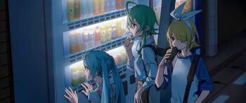 3girls ahoge bag blonde_hair blue_eyes blue_hair bottle bow_hairband can collared_shirt commentary_request drinking energy_drink green_hair gumi hairband hatsune_miku highres holding holding_can kagamine_rin long_hair long_sleeves multiple_girls night one_eye_closed open_mouth plastic_bottle revision shirt shirt_tucked_in short_sleeves shoulder_bag sidelocks sleeves_rolled_up twintails vending_machine vocaloid white_hairband white_shirt wounds404