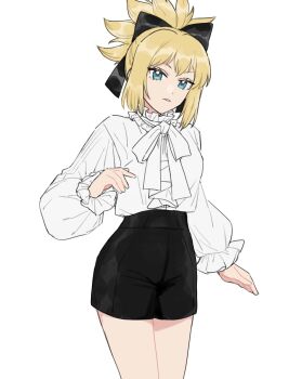 1girl alternate_costume black_bow black_shorts blonde_hair blue_eyes bow cowboy_shot dr._stone frills hair_bow highres kani_diggy kohaku_(dr._stone) long_sleeves looking_at_viewer neck_ribbon parted_lips ponytail puffy_long_sleeves puffy_sleeves ribbon shirt short_shorts shorts sidelocks simple_background solo spiked_hair white_background white_bow white_shirt