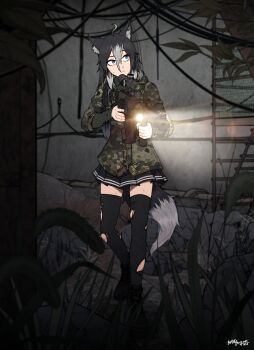 1girl abandoned absurdres animal_ear_fluff animal_ears as_val assault_rifle bangdog black_hair black_skirt blue_eyes camouflage camouflage_jacket commission concrete dubok_camouflage flashlight flashlight_beam gun highres holding holding_gun holding_weapon jacket jungle kalashnikov_rifle ko_baumann long_hair long_sidelocks looking_up messy_hair military military_jacket mole mole_under_eye multicolored_hair nature original outdoors overgrown pleated_skirt rifle ruins sidelocks skirt striped_clothes striped_skirt tail thighhighs torn_clothes torn_thighhighs weapon white_streaks wire wolf_ears wolf_girl wolf_tail