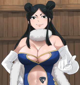 1girl black_hair blue_dress breasts center_opening cleavage dress elbow_gloves fairy_tail gaston18 gloves highres large_breasts long_hair minerva_orlando navel smile solo