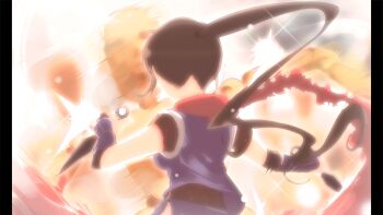 1girl absurdres dummy flashback from_behind game_cg gloves highres holding holding_weapon kunai long_hair ninja non-web_source official_art pillarboxed ponytail purple_gloves purple_shirt red_scarf rin_(senran_kagura) scarf senran_kagura senran_kagura_shoujo-tachi_no_shin'ei shirt sleeveless solo sparkle torn_clothes torn_scarf weapon yaegashi_nan