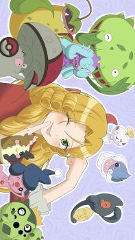 1boy amoonguss blush cacnea carnivine chimecho crossdressing dress gen_1_pokemon gen_3_pokemon gen_4_pokemon gen_5_pokemon gen_6_pokemon gen_7_pokemon gen_8_pokemon green_eyes highres inkay james_(pokemon) looking_at_viewer mareanie mime_jr. morpeko morpeko_(full) nintendo one_eye_closed pokemon pokemon_(anime) pokemon_(creature) pupaltia231 purple_background red_dress team_rocket tongue tongue_out trap victreebel weezing wig yamask