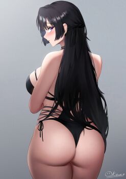 1girl absurdres aria_(eurasia) artist_name artist_request ass backboob black_hair black_one-piece_swimsuit blush breasts from_behind grey_background highres large_breasts looking_at_viewer looking_back monokini oli_kkwak one-piece_swimsuit original purple_eyes side-tie_one-piece_swimsuit simple_background solo swimsuit thighs watermark