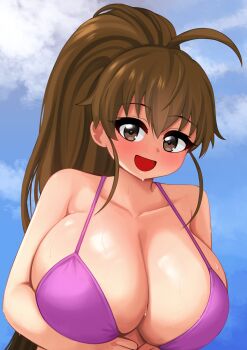 Rule 34 | 1girl, :d, absurdres, ahoge, arms under breasts, big hair, bikini, blush, breasts, brown eyes, brown hair, cleavage, cloud, collarbone, highres, huge breasts, long hair, looking at viewer, open mouth, outdoors, pink bikini, ponytail, sideboob, skindentation, sky, smile, solo, sweat, swimsuit, taneshima popura, the only shoe, upper body, wet, working!!