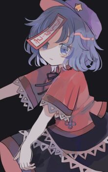 Rule 34 | 1girl, black background, black ribbon, black skirt, blue eyes, blue hair, closed mouth, commentary, hat, hat ornament, hiyuu (hiyualice), looking at viewer, miyako yoshika, neck ribbon, ofuda, ofuda on head, outstretched arms, purple hat, red shirt, ribbon, shirt, short hair, short sleeves, skirt, solo, star (symbol), star hat ornament, touhou, zombie pose