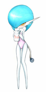 alternate_color blue_hair blush bottle colored_skin cosplay daiquiri gardevoir gen_2_pokemon gen_3_pokemon hair_over_one_eye holding holding_bottle leotard looking_at_viewer milk_bottle miltank miltank_(cosplay) nintendo no_feet orange_eyes pink_leotard pokemon pokemon_(creature) shiny_pokemon simple_background strapless strapless_leotard tail white_background white_skin