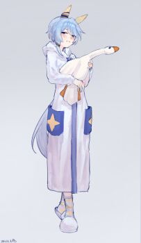 Rule 34 | 1girl, absurdres, animal ears, blue eyes, blue hair, blush, commentary request, ear covers, full body, hair between eyes, highres, holding, holding stuffed toy, hooded robe, horse ears, horse girl, horse tail, k.s.miracle (umamusume), long sleeves, looking at viewer, open mouth, robe, saramiao-chan, short hair, simple background, slippers, smile, socks, solo, stuffed animal, stuffed bird, stuffed toy, tail, umamusume, white robe