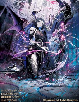 Rule 34 | 1girl, amano misaki, anklet, arched bangs, artist name, aura, bandaged horn, bare shoulders, bat wings, birdcage, black bow, black bridal gauntlets, black dress, black hair, black horns, black shoes, black thighhighs, black wings, blue eyes, blue fire, blue hair, blue nails, bow, breasts, bridal gauntlets, cage, cardfight!! vanguard, chain, colored inner hair, commentary request, copyright notice, demon girl, demon horns, demon tail, demon wings, detached sleeves, dress, expressionless, fingernails, fire, flower, full body, gem, gradient horns, gradient wings, halter dress, halterneck, harp, high heels, holding, holding instrument, horn flower, horns, indoors, instrument, iron bars, jewelry, kneeling, long fingernails, long hair, looking at viewer, looking down, medium breasts, multicolored hair, multicolored horns, multicolored wings, multiple rings, nail polish, official art, on floor, pale skin, parted lips, pelvic curtain, pink gem, prison, purple horns, purple tail, purple wings, ring, see-through cleavage, see-through clothes, shoes, sidelocks, silver trim, socks, solo, tail, tail bow, tail ornament, thighhighs, tiara, tile floor, tiles, very long hair, white socks, window, wings