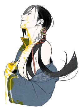 Rule 34 | 1boy, banana fish, black hair, blue changpao, changpao, chinese clothes, commentary request, dated, earrings, hair ornament, hair ribbon, jewelry, lee yue-lung, long hair, looking at viewer, low ponytail, male focus, neck tattoo, off shoulder, open clothes, paint on body, parted lips, ponytail, profile, red ribbon, ribbon, simple background, single bare shoulder, smile, solo, tattoo, twitter username, undressing, upper body, watermark, white background, ykmr (haga)