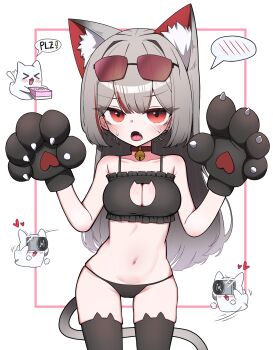 1girl absurdres alternate_costume animal_ear_fluff animal_ear_legwear animal_ears animal_hands bell black_bra black_panties black_thighhighs blush bra breasts cat_cutout cat_ear_legwear cat_ears cat_girl cat_lingerie cat_tail choker cleavage cleavage_cutout clothing_cutout commentary_request cowboy_shot eyewear_on_head frilled_bra frills gloves grey_hair hands_up hh highres inset_border jingle_bell large_breasts long_hair looking_at_viewer maro_(neneko_mashiro) multicolored_hair navel neck_bell neneko_mashiro open_mouth panties paw_gloves red-tinted_eyewear red_eyes red_streaks solo spoken_blush stellive stomach streaked_hair sunglasses sweat tail taking_picture thighhighs tinted_eyewear underwear underwear_only virtual_youtuber white_background