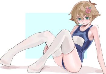 1boy artist_request bare_shoulders basil_(faraway)_(omori) basil_(omori) blonde_hair blue_one-piece_swimsuit blush crossdressing crossdressing_(mtf) flower green_eyes hair_between_eyes hair_flower hair_ornament highres male_focus omori one-piece_swimsuit open_mouth shota solo sweatdrop swimsuit thighhighs trap white_thighhighs
