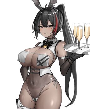 1girl alcohol animal_ears bay_(nikke) bay_(radiant_rabbit)_(nikke) black_bow black_bowtie black_gloves black_hair bow bowtie breast_curtains breasts brown_eyes champagne champagne_flute commentary_request cup dark-skinned_female dark_skin drinking_glass elbow_gloves fake_animal_ears gloves goddess_of_victory:_nikke highres holding holding_plate large_breasts leotard long_hair navel official_alternate_costume plate playboy_bunny ponytail rabbit_ears rebanira0330 see-through_clothes see-through_leotard simple_background solo thighs very_long_hair white_background