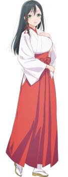 1girl amagami-san_chi_no_enmusubi amagami_yae anime_coloring black_hair blush breasts full_body green_eyes hair_between_eyes hair_ribbon hakama hakama_skirt hand_on_own_chest highres iizuka_haruko japanese_clothes large_breasts long_hair long_sleeves looking_at_viewer miko official_art open_mouth red_hakama ribbon sandals sidelocks simple_background skirt smile socks solo standing tachi-e transparent_background white_socks wide_sleeves zouri