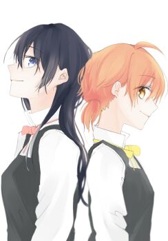 2girls ahoge back-to-back black_dress black_hair blue_eyes closed_mouth commentary dress hair_between_eyes highres koito_yuu long_hair long_sleeves low_twintails multiple_girls nanami_touko neck_ribbon orange_eyes orange_hair pinafore_dress red_ribbon ribbon school_uniform shirt short_hair short_twintails simple_background sleeveless sleeveless_dress tasuku2218 tohmi_higashi_high_school_uniform twintails white_background white_shirt yagate_kimi_ni_naru yellow_ribbon