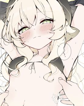 1girl absurdres armpits arms_behind_head arms_up beret bikini bikini_top_only black_bikini black_hat blonde_hair blue_archive blush breasts closed_mouth crying crying_with_eyes_open green_eyes hair_between_eyes half-closed_eyes halo hat hayato_hoshi604 highres loli long_hair looking_at_viewer navel pinching pov pov_hands professor_niyaniya_(blue_archive) simple_background small_breasts split_mouth spoken_squiggle squiggle stomach string_bikini sweat swimsuit tears upper_body very_long_hair white_background yellow_halo