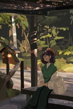 1girl :d artist_self-insert bag bench beret birdhouse brown_eyes brown_hair canopy_(shelter) day feet_out_of_frame green_pants green_sweater_vest hat highres kyora-chan_(kyora_san) kyora_san looking_up open_mouth original outdoors own_hands_together pants red_hat road shirt short_hair sitting smile solo sweater_vest tree unworn_bag v-neck white_shirt