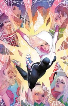 1boy 1girl black_bodysuit black_hairband blonde_hair blue_dress blue_eyes bodysuit brown_hair clenched_teeth comic_cover commentary dress earrings english_commentary eyewear_on_head floating_hair gouache_(medium) grabbing_another's_chin grin gwen_stacy hairband hand_on_another's_chin hands_on_own_hips hetero highres hood hood_up jewelry kiss long_hair looking_at_viewer marvel meghan_hetrick multicolored_bodysuit multicolored_dress multiple_persona no_mask official_alternate_costume official_art painting_(medium) pastel_(medium) peter_parker red_dress red_lips scene_reference shirt silk smile sphere_earrings spider-gwen spider-man spider-man_(series) spider-verse spider-verse_(comics) spider_web striped_clothes striped_shirt sunglasses superhero_costume teeth traditional_media watercolor_(medium) western_comics_(style) white_bodysuit