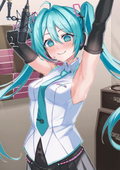 1girl @_@ ahoge aqua_eyes aqua_hair aqua_necktie aqua_trim armpit_focus armpits arms_behind_head arms_up black_skirt black_sleeves blush breasts closed_mouth collared_shirt commentary_request hair_between_eyes hair_ornament hatsune_miku hatsune_miku_(vocaloid4) highres inue_ao long_hair long_sleeves medium_breasts miniskirt necktie pleated_skirt presenting_armpit ringed_eyes shirt skirt sleeveless sleeveless_shirt smile solo spiral-only_eyes sweat twintails very_long_hair vocaloid white_shirt
