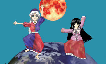 Rule 34 | 2girls, arm up, barefoot, black hair, blue dress, blue eyes, blue hat, bow, braid, breasts, brown eyes, commentary request, constellation print, cross, dress, earth (planet), hat, hime cut, houraisan kaguya, kams, large breasts, long hair, looking at viewer, moon, multiple girls, nurse cap, outstretched arms, pink shirt, planet, print shirt, print skirt, red cross, red dress, red moon, red skirt, shirt, skirt, standing, standing on one leg, touhou, two-tone dress, very long hair, white bow, white hair, yagokoro dance, yagokoro eirin