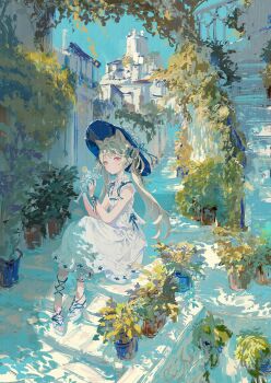 1girl animal_ears blue_hat blue_ribbon building cat_ears chinese_commentary closed_mouth commentary commentary_request cup day dot_mouth dot_nose dress dress_ribbon english_commentary full_body glass grey_hair hat highres holding holding_cup koyamanatsu long_hair looking_at_viewer mixed-language_commentary original outdoors path pink_eyes plant potted_plant ribbon road sandals scenery sitting sleeveless sleeveless_dress slice_of_life solo twintails white_dress white_sandals wrist_ribbon