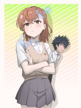 1boy 1girl a_certain_high_school_uniform absurdres asymmetrical_bangs black_hair brown_eyes brown_hair brown_sweater_vest can&#039;t_be_this_cute collared_shirt commentary_request crossed_arms electricity electrokinesis frown gradient_background grey_skirt hair_ornament hairpin highres kamijou_touma kurumi_(qfbszhglfs) looking_at_another looking_at_viewer misaka_mikoto ore_no_imouto_ga_konna_ni_kawaii_wake_ga_nai parody pleated_skirt pose_imitation school_emblem school_uniform shirt short_hair short_sleeves shorts shorts_under_skirt simple_background skirt spiked_hair striped_background summer_uniform sweatdrop sweater_vest toaru_kagaku_no_railgun toaru_majutsu_no_index tokiwadai_school_uniform tsundere v-neck white_background white_shirt