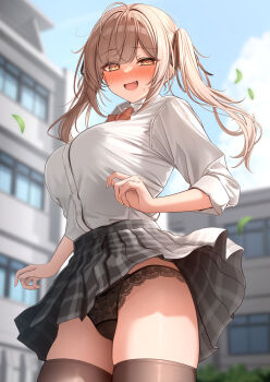 1girl black_panties black_ribbon black_skirt black_thighhighs blush bow bowtie breasts brown_eyes brown_hair collared_shirt commentary_request day hair_ribbon highres imouto-chan_(monaka_curl) large_breasts long_hair long_sleeves looking_at_viewer miniskirt monaka_curl open_mouth original outdoors paid_reward_available panties plaid_clothes plaid_skirt red_bow red_bowtie ribbon shirt shirt_tucked_in skirt smile solo thighhighs thighs twintails underwear white_shirt