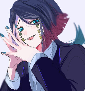 Rule 34 | asymmetrical bangs, black jacket, blue eyes, blue nails, blurry, blurry background, blush, buttons, colored tips, commentary request, demon boy, enmu (kimetsu no yaiba), facial mark, fangs, furrowed brow, grey background, hands up, highres, jacket, kimetsu no yaiba, long sleeves, looking at viewer, male focus, medium hair, multicolored hair, open mouth, own hands together, raised eyebrows, siro46497, smile, steepled fingers, suit jacket, symbol-shaped pupils, tears facial mark, trap, undershirt, upper body