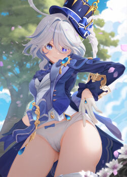 1girl absurdres ahoge ascot asymmetrical_gloves black_ascot blue_ascot blue_eyes blue_gemstone blue_hair blue_hat blue_jacket bow bow_panties cameltoe cloud cowlick drop-shaped_pupils eyelash_ornament furina_(genshin_impact) gem genshin_impact gloves gluteal_fold hair_between_eyes hat heterochromia highres jacket legs long_hair long_sleeves looking_at_viewer mismatched_gloves mismatched_pupils multicolored_hair no_pants panties pou_bao smile solo standing streaked_hair symbol-shaped_pupils thighs top_hat tree underwear white_hair white_panties