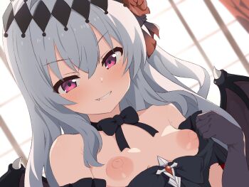 1girl bare_shoulders bat_wings black_bow black_dress black_gloves bow bowtie breasts commission dress elbow_gloves flower gloves hair_flower hair_ornament highres long_hair looking_at_viewer mare_(ac8231) naked_bowtie nipples original protected_link red_eyes red_flower red_rose rose second-party_source skeb_commission small_breasts solo white_hair wings yuzutei