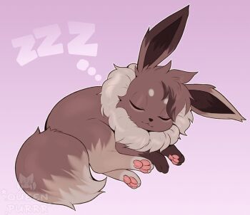 :3 animal_focus artist_name brown_hair closed_eyes closed_mouth commission eevee full_body gen_1_pokemon gradient_background lying multicolored_hair neck_fur nintendo no_humans outline pawpads pokemon pokemon_(creature) purple_background queen_purrr short_hair simple_background sleeping solo split_mouth streaked_hair two-tone_hair u_u watermark white_outline zzz
